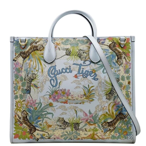 GUCCI  Tiger Medium Leather Tote Shoulder Bag Light Blue 687827 - Picture 1 of 15